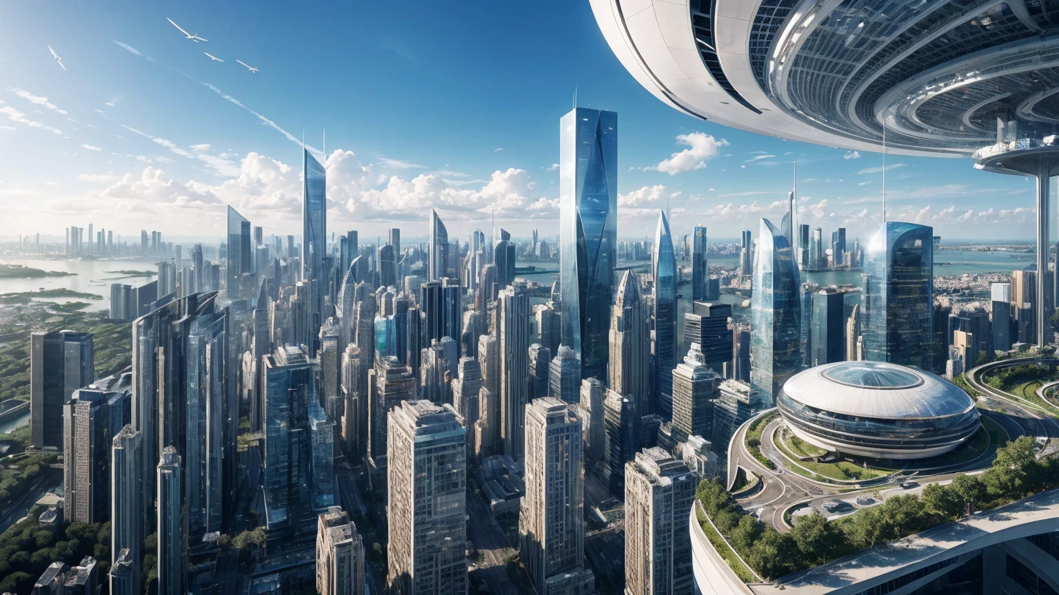 (Best quality,4K,8K,A high resolution,Masterpiece:1.2),Ultra-detailed,(Realistic,Photorealistic,photo-realistic:1.37),Futuristic floating city,Futuristic technology,Huge urban high-tech tablet platform,Airship,Floating in the sky,Futuristic city,Small airships around,High-tech hemispherical platform,Colorful lights,Advanced architecture,modernn architecture,skyscrapper,Access the cloud,Scenic beauty,view over city,Impressive design,Blend seamlessly with nature,energetic and vibrant atmosphere,Futuristic transportation system,Parking is suspended,Transparent path,Lush greenery,Sky gardens,cascading waterfalls,Magnificent skyline,reflections on the water,Sparkling river,Architectural innovation,futuristic skyscrapers,Transparent dome,The shape of the building is unusual,Elevated walkway,Impressive skyline,Glowing lights,Futuristic technology,Minimalist design,Scenic spots,Panoramic view,Cloud Piercing Tower,Vibrant colors,epic sunrise,epic sunset,Dazzling light display,magical ambiance,The future city,Urban Utopia,LuxuryLifestyle,Innovative energy,sustainable development,Smart city technology,Advanced infrastructure,Tranquil atmosphere,Nature and technology live in harmony,Awesome cityscape,Unprecedented urban planning,Architecture connects seamlessly with nature,High-tech metropolis,A cutting-edge engineering marvel,The future of urban living,Visionary architectural concept,Energy-efficient buildings,Harmony with the environment,A city floating above the clouds,Utopian dreams become reality,The possibilities are endless,State-of-the-art transportation network,Green energy integration,Innovative materials,Impressive holographic display,Advanced communication system,Breathtaking aerial view,Quiet and peaceful environment,Modernist aesthetics,Ethereal beauty