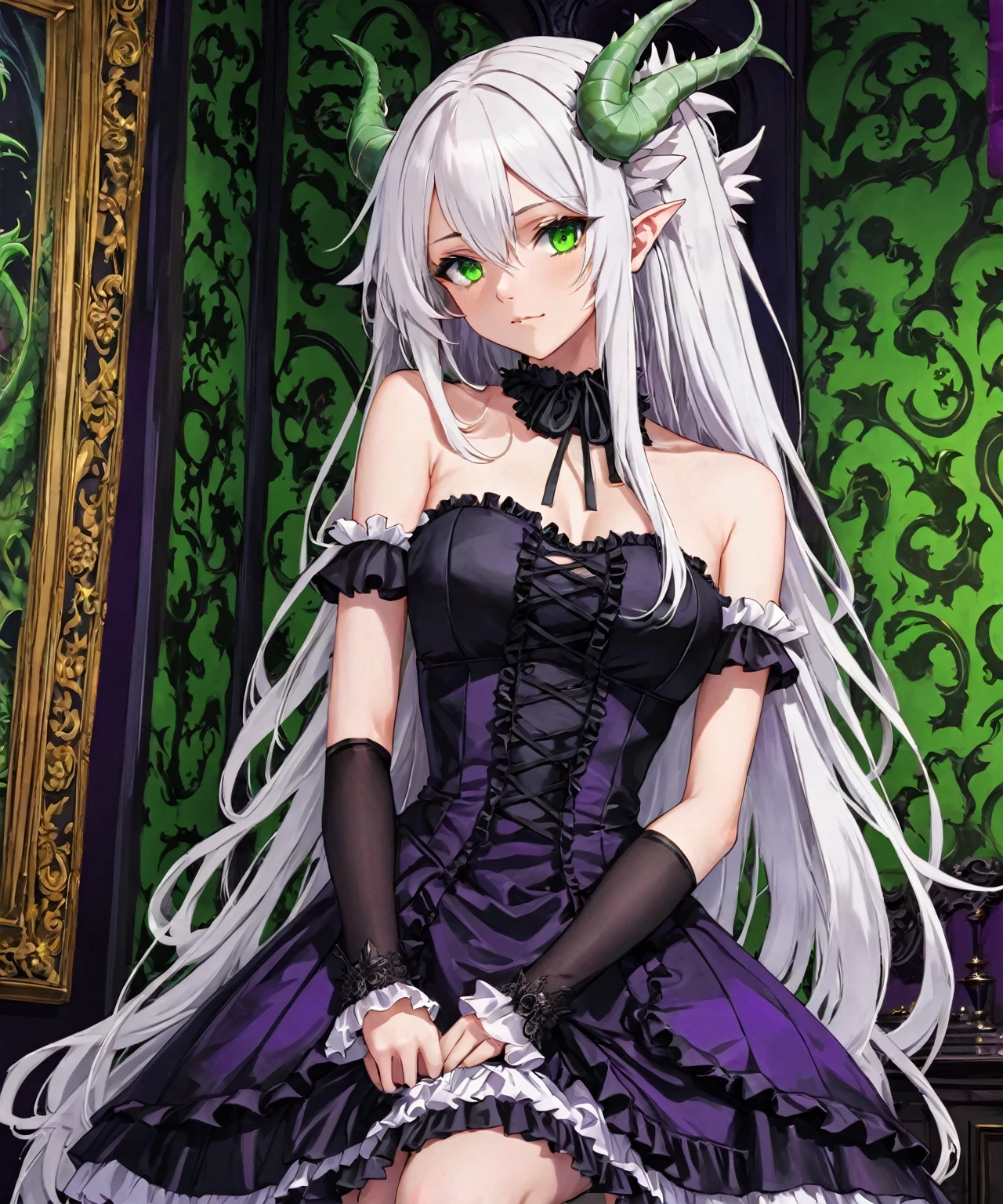 beautiful gothic anime girl with long white hair with dragon horns on top, green eyes, wearing a strapless black formal dress with white ruffle laces layered down, inside of a gothic themed traditional room with purple & black walls, 1girl, portrait