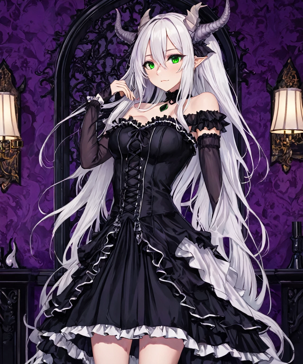beautiful gothic anime girl with long white hair with dragon horns on top, green eyes, wearing a strapless black formal dress with white ruffle laces layered down, inside of a gothic themed traditional room with purple & black walls, 1girl, portrait