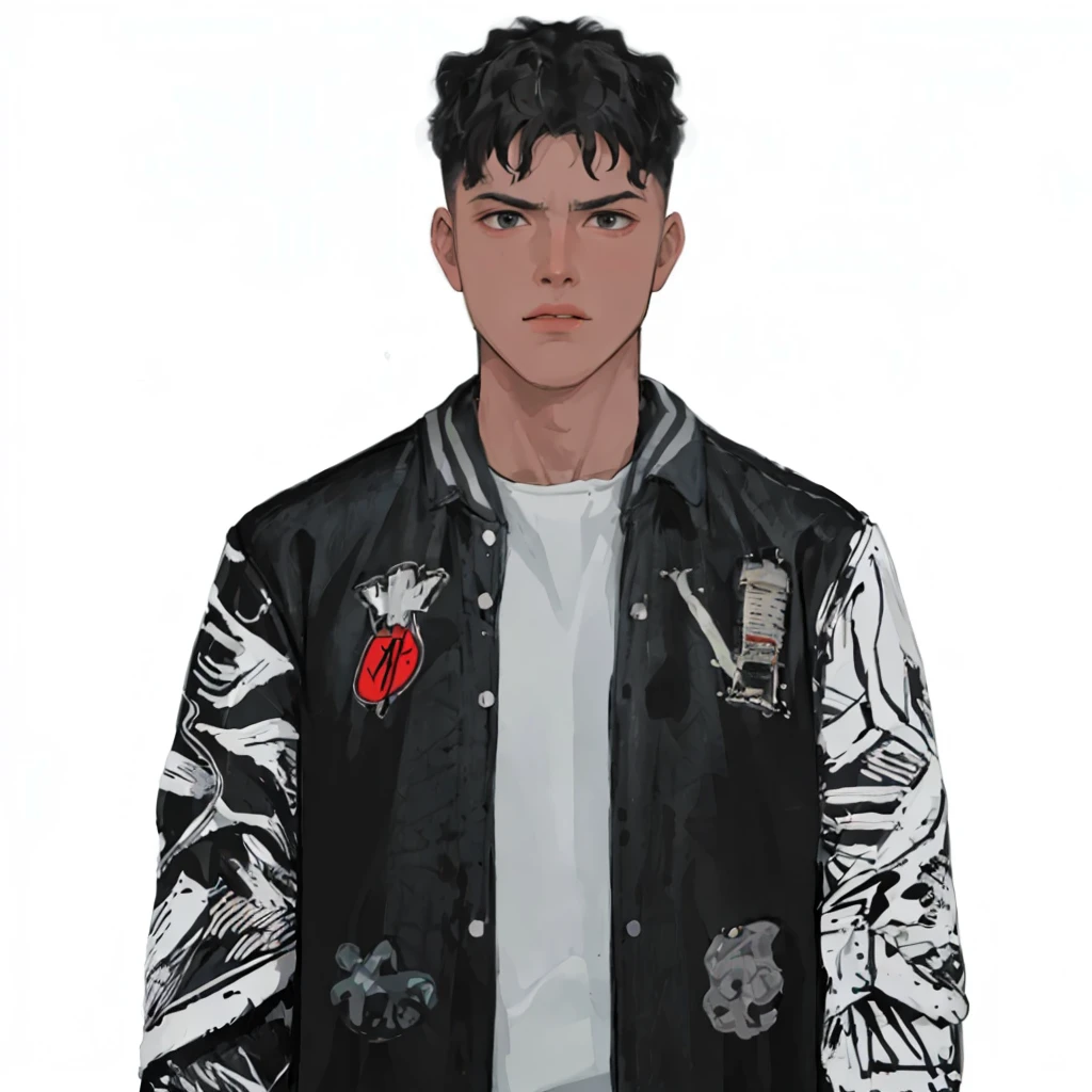 (masterpiece:1.2, best quality), (1men, solo, upper body:1.2),flat face,Hair: buzz cut,Clothing: oversized, distressed denim jacket with patches and pins, paired with black skinny jeans and combat boots, Hanging out in an underground music venue or street art exhibit