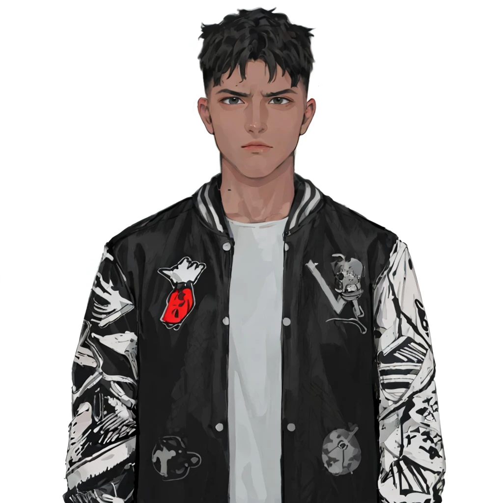 (masterpiece:1.2, best quality), (1men, solo, upper body:1.2),flat face,Hair: buzz cut,Clothing: oversized, distressed denim jacket with patches and pins, paired with black skinny jeans and combat boots, Hanging out in an underground music venue or street art exhibit