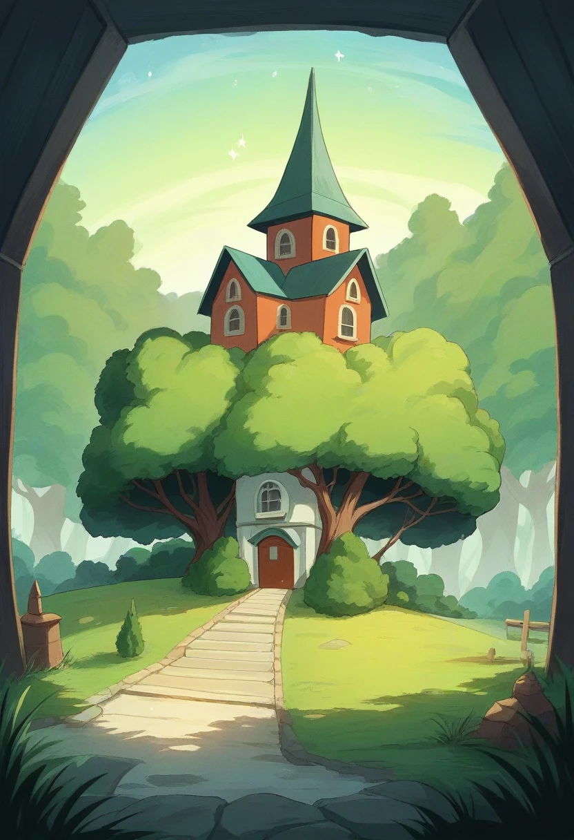 Digital illustration featuring a serene night scene. The layout is vertical, with a small, cozy house at the bottom center, illuminated warmly from within. The house is surrounded by lush green grass and tall trees, with one large tree prominently arching over the house. The sky above is a deep, starry expanse, filled with twinkling stars and a few shooting stars streaking across. Wispy clouds are scattered throughout the sky, adding depth to the scene. The overall color palette is a mix of deep blues, greens, and warm yellows, creating a tranquil and inviting atmosphere. A small speaker icon is visible in the bottom right corner, indicating audio functionality.anime art wallpaper 4k, anime art wallpaper 4 k anime art,wallpaper 8 k,