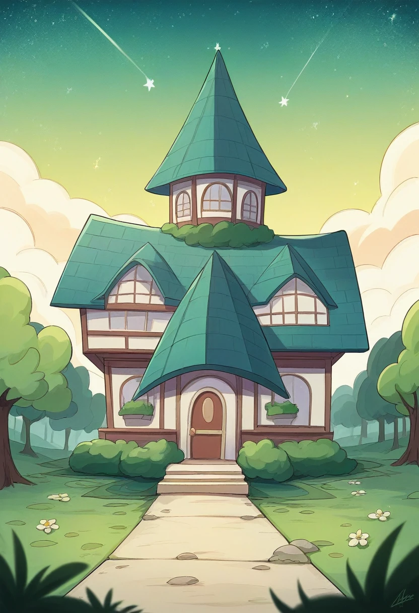 Digital illustration featuring a serene night scene. The layout is vertical, with a small, cozy house at the bottom center, illuminated warmly from within. The house is surrounded by lush green grass and tall trees, with one large tree prominently arching over the house. The sky above is a deep, starry expanse, filled with twinkling stars and a few shooting stars streaking across. Wispy clouds are scattered throughout the sky, adding depth to the scene. The overall color palette is a mix of deep blues, greens, and warm yellows, creating a tranquil and inviting atmosphere. A small speaker icon is visible in the bottom right corner, indicating audio functionality.anime art wallpaper 4k, anime art wallpaper 4 k anime art,wallpaper 8 k,