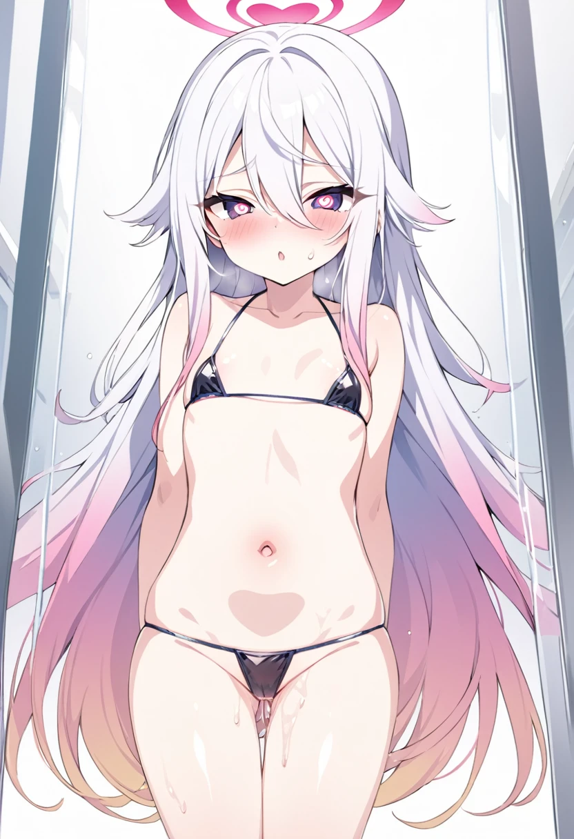 (Highest quality), (High resolution), (masterpiece), (Very detailed), Shiro \(no game No life\),Long Hair,Multicolored Hair,Hair between the eyes,Gradient Hair,Flat Chest,, Blue Archive Art Style, One Girl, Silky skin, Shiny skin, blush, Lust, Heart pupil, Heavy breathing,(Micro Bikini), Front view, (Bright saturation), Press your chest against the glass, Love juice is dripping, The swimsuit is see-through, Keep your hands behind your back, Full glass shower room