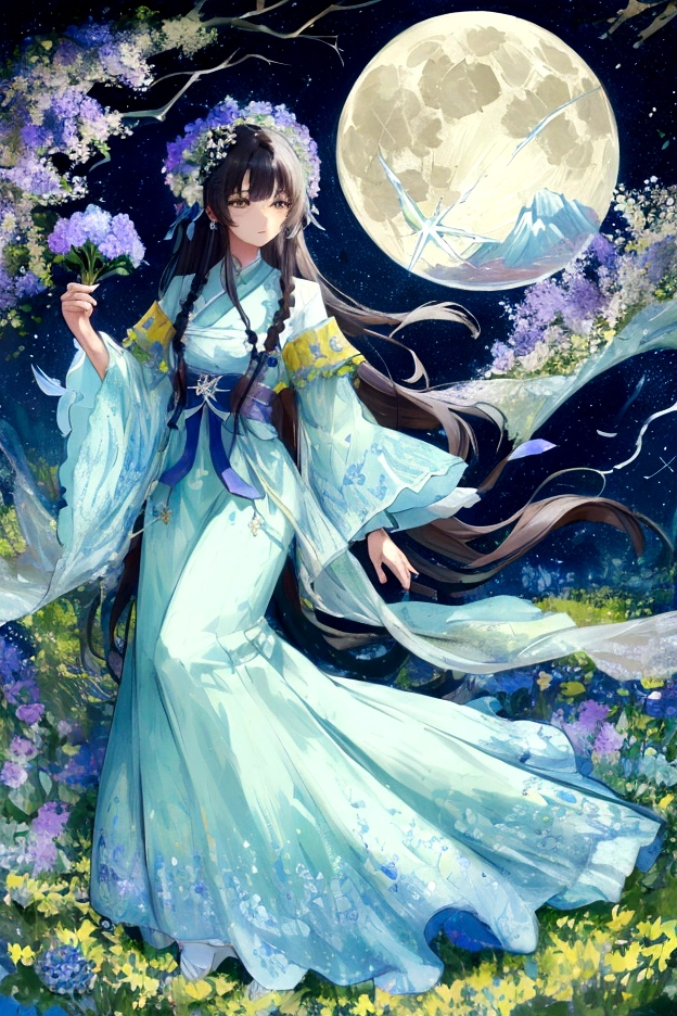 Mountain, forest, Starry Sky ,Yellow Full Moon, Intricate details,make flowers bloom,Sea of Flowers,Fantastic、Monet、vivid、Xin Haicheng、