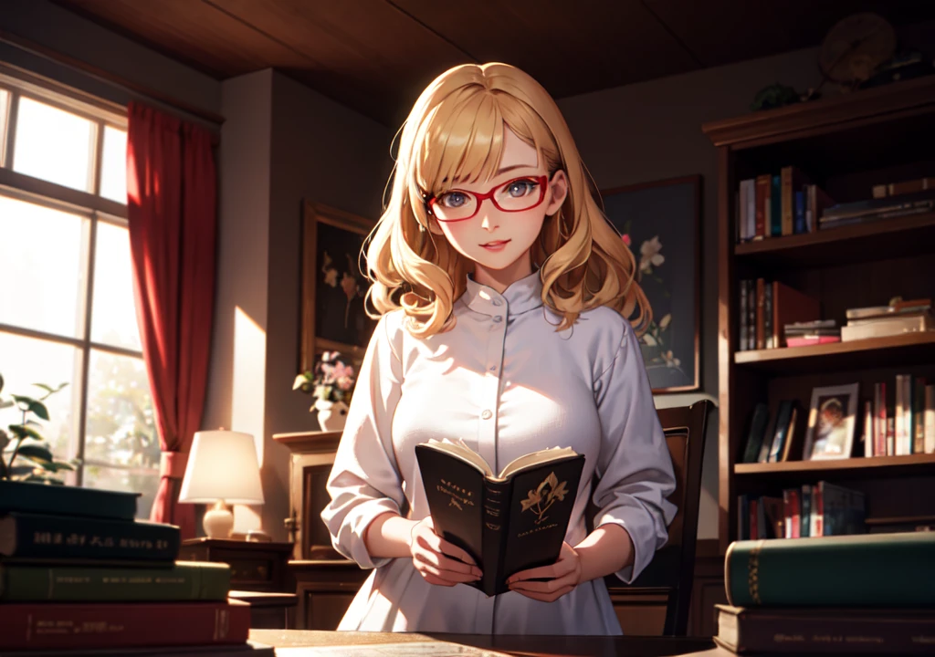 Realistic photos, Focus distance 10mm, Red and white, A big smile, Curly blonde hair, Beautiful girl, Realistic photos, Focus distance 10mmで撮影, masterpiece, 最high quality, high quality, Very detailed CG 8k wallpaper unit, Award-winning photography, Bokeh, Depth of written boundary, High resolution, bloom, chromatic aberration, Realistic, Very detailed, Art Station Trends, CGsociety Trends, Complex, High detail, dramatic, Art on the go, volumetric lighting, In front of a large bookshelf、A beautiful girl wearing glasses and engrossed in reading。There are piles of old books around her.。