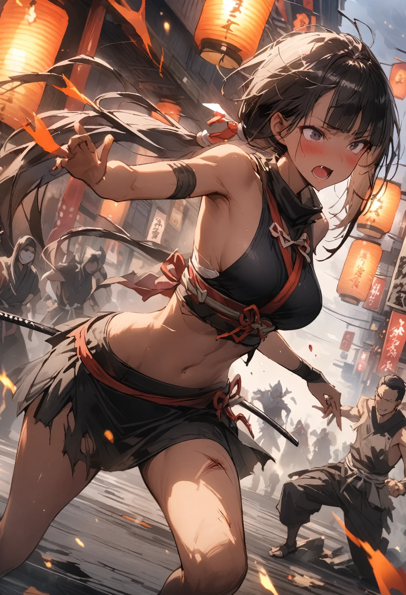Action Scenes、(A female ninja who fights countless monsters),((masterpiece,Highest quality:1.3,best quality illustration)), 独奏,1woman,(Mature Japan beauties)、black hair,(low ponytail hair style),long hair,blunt bangs,black eyes,gorgeous eyes,((very small head:1.3)),blush,pain,((very long body:1.2)),medium breasts,(tan skin), (gleaming skin,toned body,slender body, skinny),(Torn black female ninja costume、Injury:1.5,No sleeve、Black mini skirt),Fighting spirit,Urban area,Collapsed Buildingoonlit Night、Modern Tokyo、