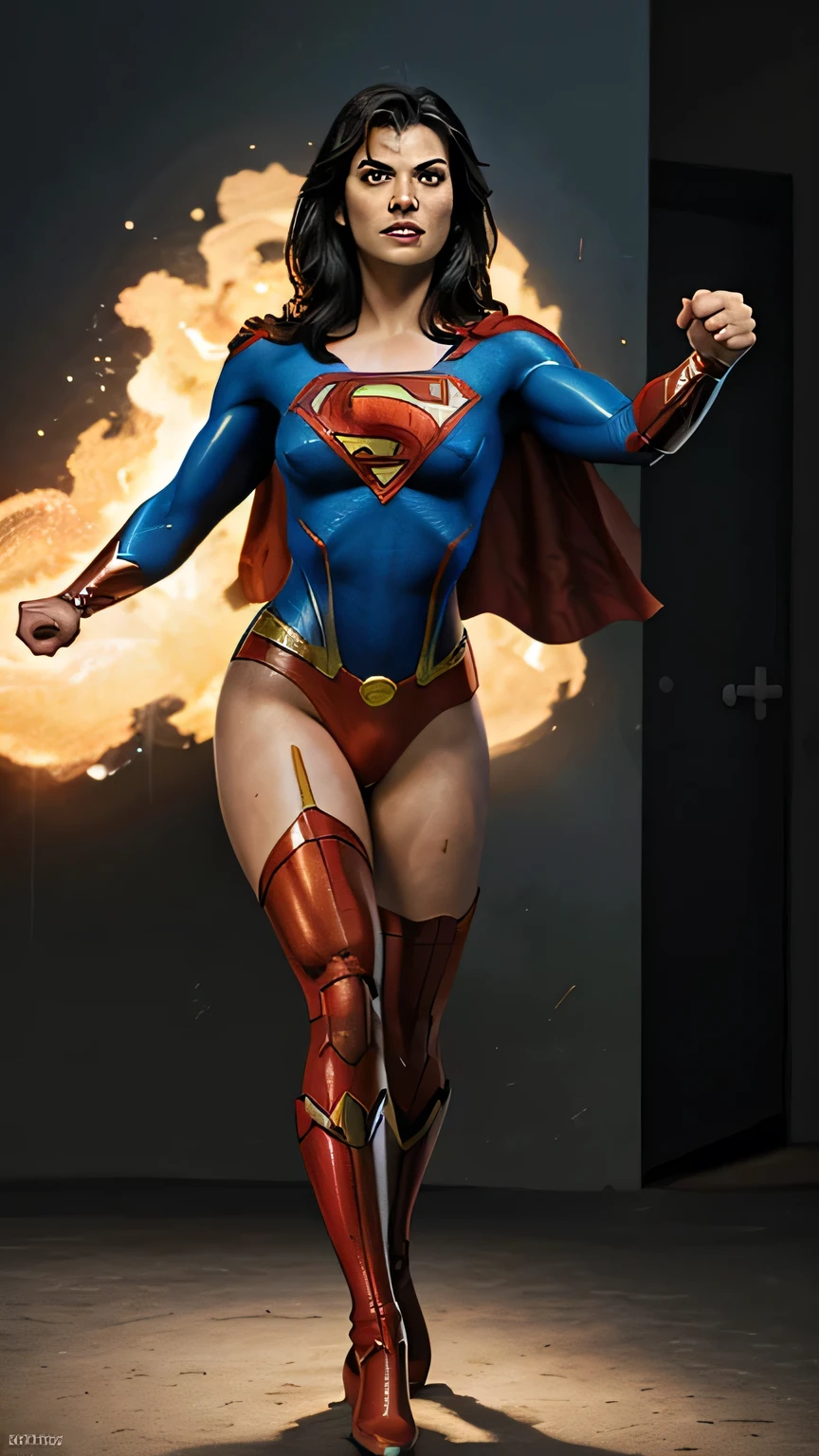 Superwoman dressed like superman, photorealism, dynamic lighting, high detail, digital art masterpiece, ultra HD resolution, vibrant colors, character design by Alex Ross and Jim Lee, cinematic, action-packed, comic book hero, superhero, powerful pose