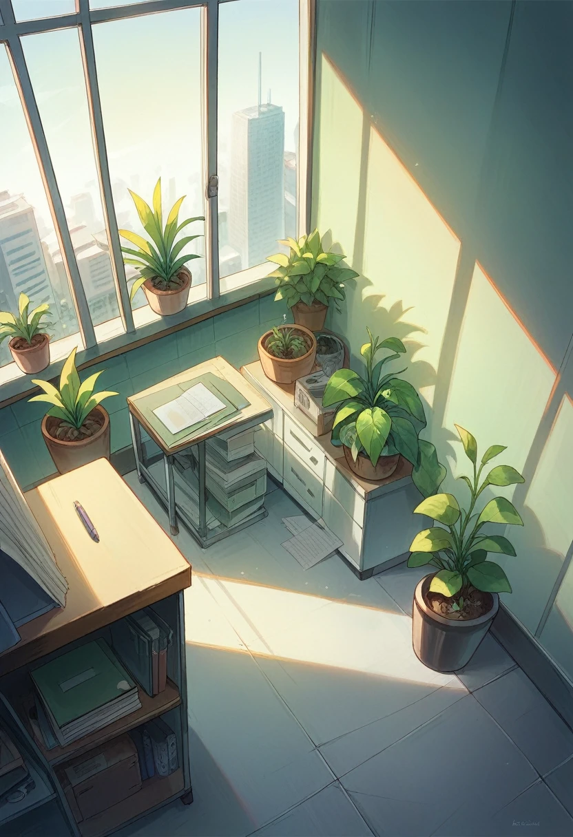 Mobile game scene，Game art promotion，A scene of an office in a commercial building，Floor-to-ceiling large windows，Modern office facilities，UE Rendering，Green plants，High precision，Lens with light viewing angle，Bright and clear picture，Modern sense of technology