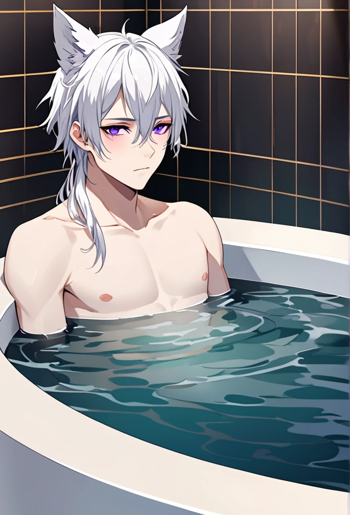 create panel in the art style of mo dao zu shi hybrid character with wolf ears,masculine and dominant gender, short wolfcut white hair , purple raven iris eyes,pale skin, inside a large public bathtub with naked water, bored expression and slim defined body.