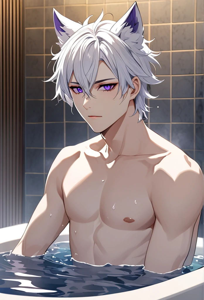 create panel in the art style of mo dao zu shi hybrid character with wolf ears,masculine and dominant gender, short wolfcut white hair , purple raven iris eyes,pale skin, inside a large public bathtub with naked water, bored expression and slim defined body.