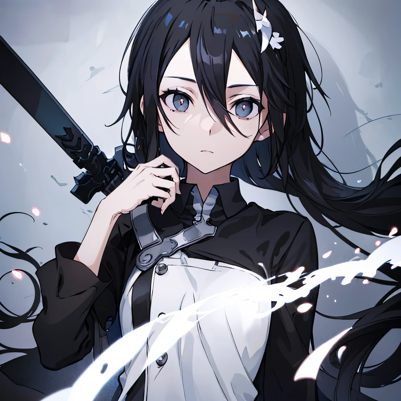 A woman with long straight black hair，Realistic illustrations，Beautiful Face，Cool look，Grey eyes with dilated pupils，Small demon horn，Female Kirito