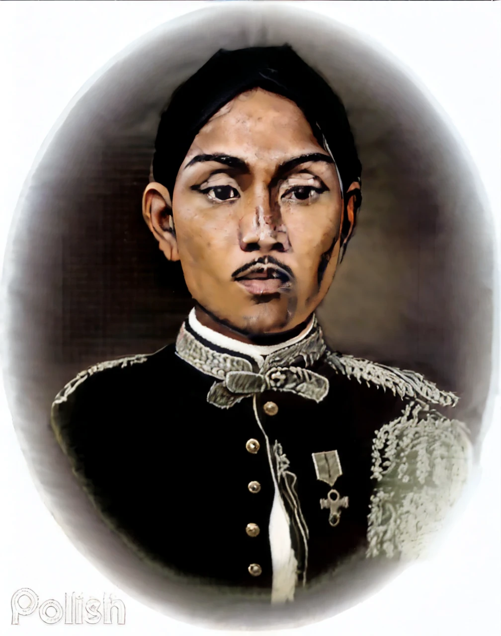 Indonesian Muslim man, aged 45 years or above, naturally wrinkled brown skin, wearing a high black head covering with detailed patterns and Kanigaran style clothes with the nuances of a great king, clear round glaring eyes, long eyebrows, small sharp nose, slightly thick lips, closed mouth, mustache Thick black, realistic HD quality images.