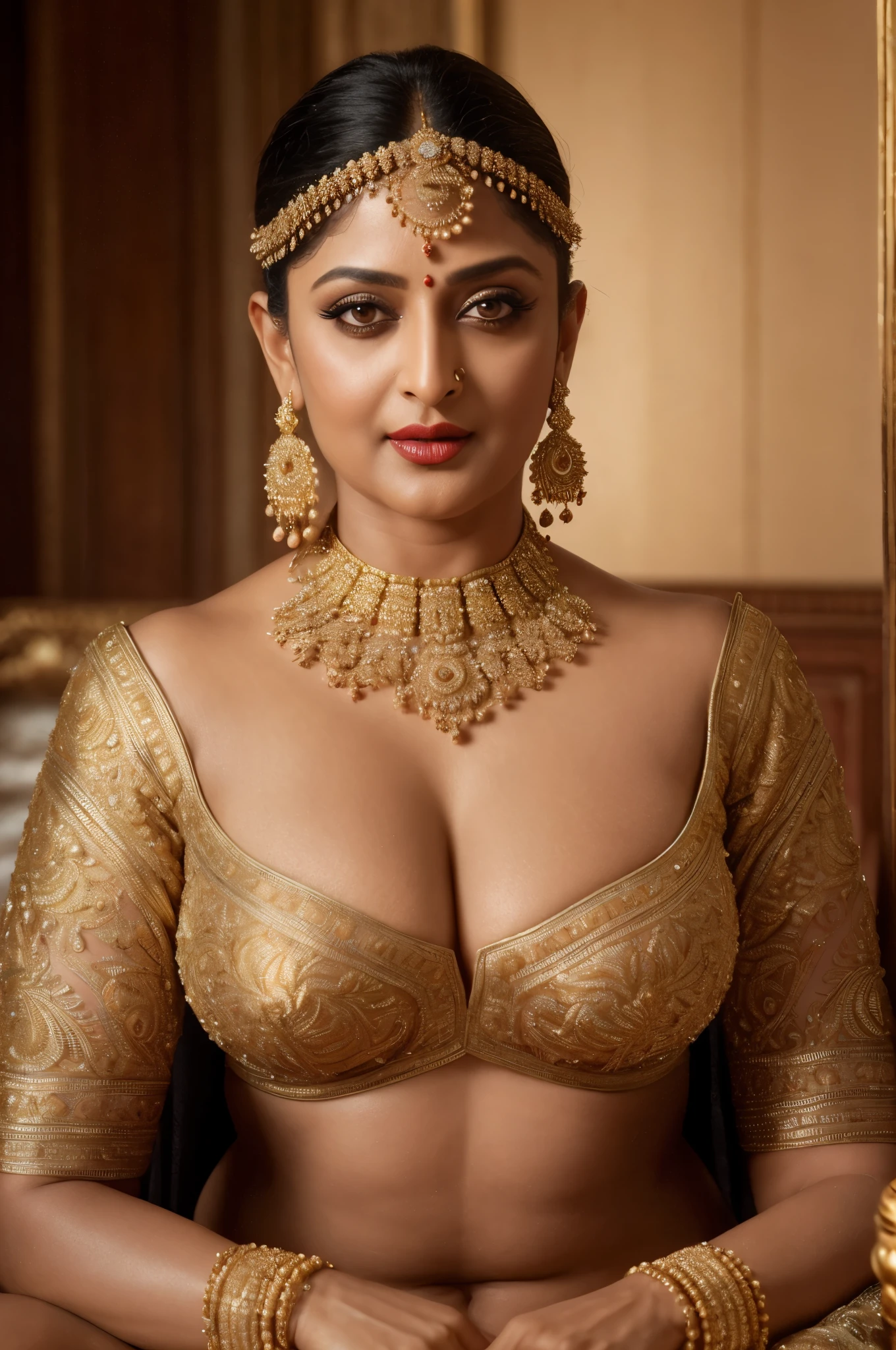 50yo mature MILF Anushka Shetty,((best quality)), ((masterpiece)), ((realistic)), eye kajal, mascara, red lips, sensual Beauty, provoking body, extreme sweat, sweat soaked skin, slight stretch marks, alluring figure, bulging figure, thick charming lady, curvy, thick navel, full figured woman, eye kajal, massive breast, full body, styled hair, pierced eyes, female face,royal aura, trend on artstation , sharp focus, studio photo, intricate detail, very detailed, detailed eye, illustration, very detailed, sharp focus, digital render, professional, 4k