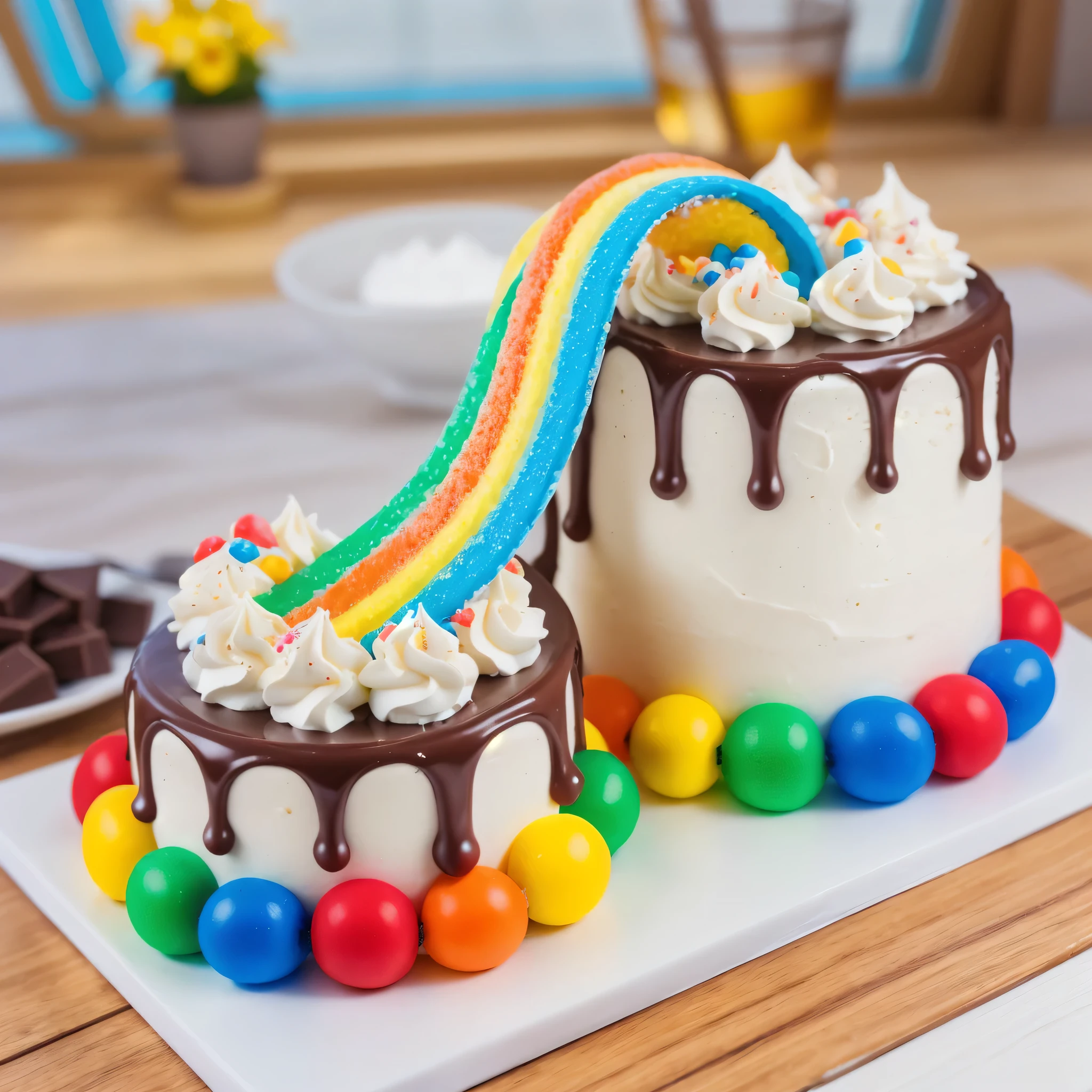 on a wooden table, on a porcelain plate, two cakes made of white cream, sugar candies on the bottom, chocolate ganache on the cake, white swirls on the chocolate ganache, window light, bright lights, soft light, window light, professional lighting, light from the window, neat light, realistic texture, realistic style, detailed texture, high quality, high resolution, high quality rendering, realistic photo, brightning light, macro photo