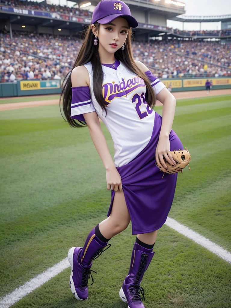 Beautiful woman wearing a purple yellow While standing wearing baseball style clothes mini dress with decorations on the shirt and visible shoulders and wearing boots and being photographed with a background And I'm in the middle of a baseball field ,Korean style swag, beautiful face so gorgeous, Beautiful eyes, y2k style,