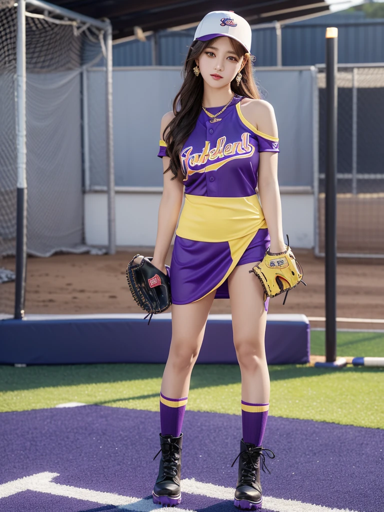 Beautiful woman wearing a purple yellow While standing wearing baseball style clothes mini dress with decorations on the shirt and visible shoulders and wearing boots and being photographed with a background And I'm in the middle of a baseball field ,Korean style swag, beautiful face so gorgeous, Beautiful eyes, y2k style,