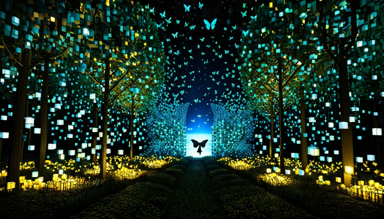 An enchanted forest in a deep, secret location littered with RAL-3D cubes, A wonderful light shines into the darkness,Big butterfly々is looking at the stars,Small butterflies around it々are flying a lot