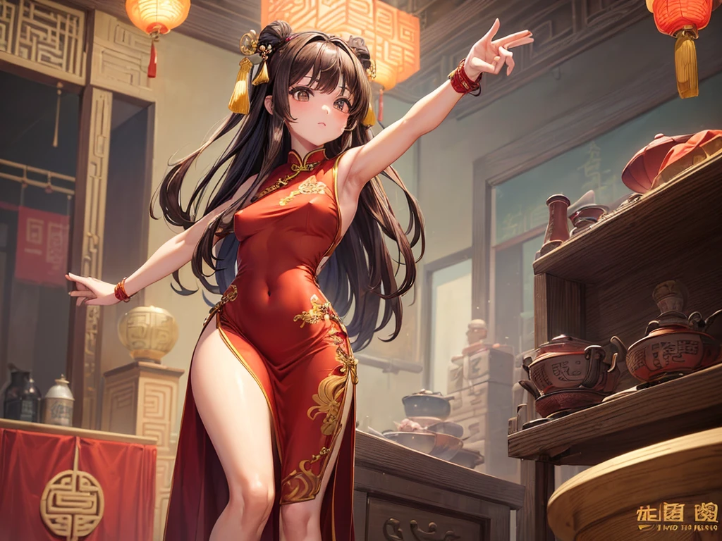 (((depict little girl))), long brown hair, straight hair, brown eyes, Chinese jewelry, stand up, cooking, small breasts, shy, focused, (nice hips), (show hips), (open hips), (((ftight chinese dress))), red dress, (no underwear), (show breasts), (shape of the nipples), (Masterpiece, Excellent, complex details), delicate girl, delicate face, make up