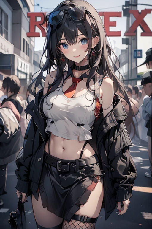 (masterpiece:1.2), (Military uniform magazine cover:1.4),best quality,PIXIV,Sweet girl , sexy posture,1girl, (perky chest:1.2), rolling upskirt by wind:1.6, (with sparkling eyes and a contagious smile),open mouth, (pointed chest:1.2),fishnets, black hair, boots, long hair, black nails, skirt, shirt, solo, black footwear, bag, black skirt, jewelry, jacket, on head, black jacket, thigh strap, bangs, necktie, earrings, nail polish, multicolored hair, looking at viewer, full body, bottle, own hands together, belt, jacket on shoulders, food, cats on head, black necktie, ring, choker, english text, collared shirt, blue eyes, platform boots, hat, lace-up boots ,masterpiece、highest quality、Very detailed、An illustration、Beautiful fine details、One Girl、cute、Detailed landscape、Training Room Background:1.4、Platinum Blonde Hair、Braided Ponytail、Red camisole、((D cup breasts, Tank top showing underboob:1.3))