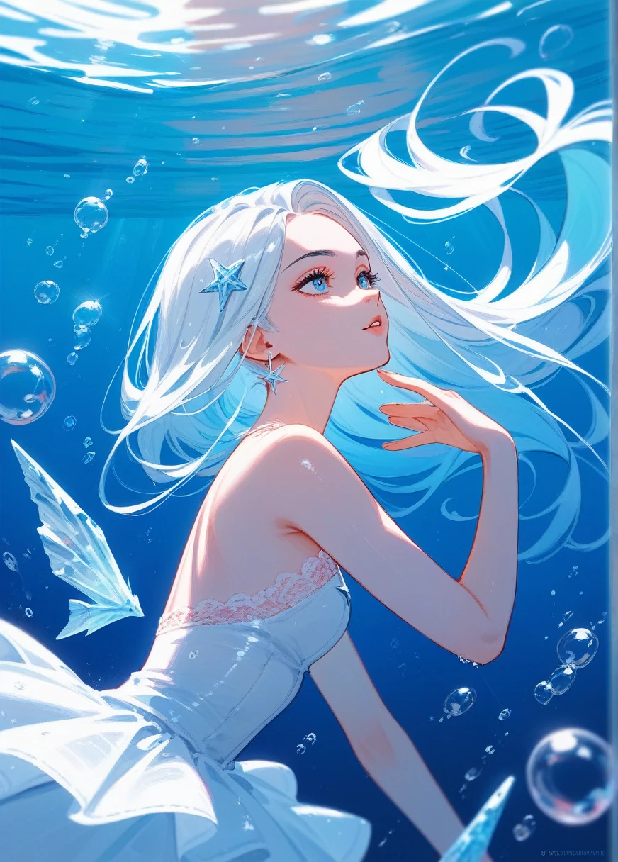 (Fraction_9,Fraction_8_Direction_7_up),1 Girl,blue gradient hair,White Dress,Lace,starfish,Eye, Scales,beauty的_Face,Underwater hair physics,bubble,light passes through water,reflection,Put in water,Water layer,A school of fish,beauty,Wearing a blue dress、Close-up of a woman with wings, Ice Witch, Queen of the Sea Mu Yanling, Ink Art, Crystal skin, ashe, Ice and Storm Queen,