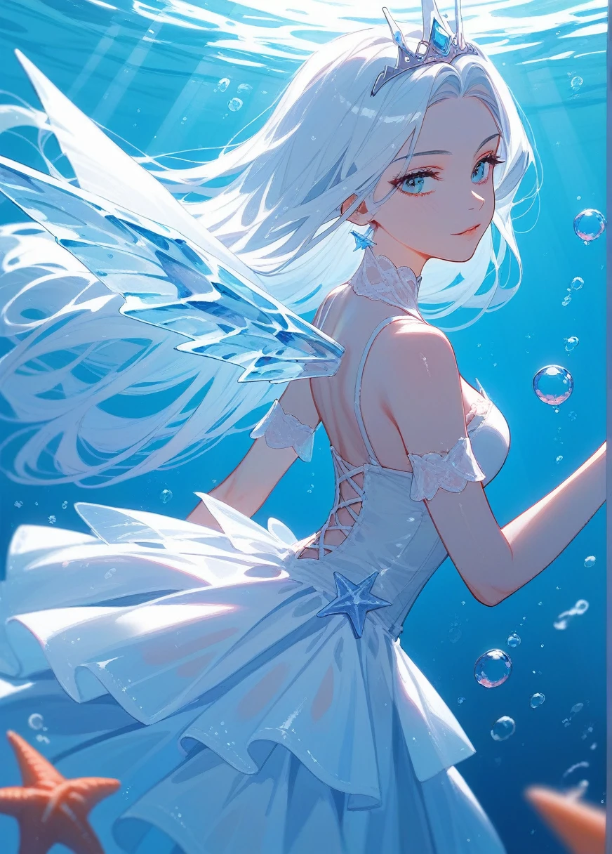 (Fraction_9,Fraction_8_Direction_7_up),1 Girl,blue gradient hair,White Dress，Lace，starfish，Eye, Scales,beauty的_Face,Underwater hair physics,bubble,light passes through water,reflection,Put in water,Water layer,A school of fish,beauty,Wearing a blue dress、Close-up of a woman with wings, Ice Witch, Queen of the Sea Mu Yanling, Ink Art, Crystal skin, ashe, Ice and Storm Queen, 