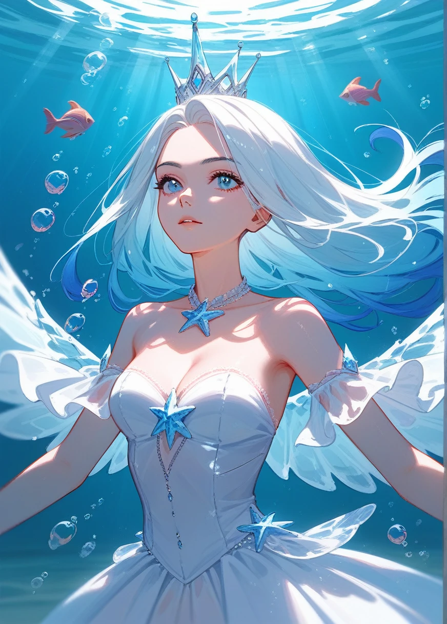 (Fraction_9,Fraction_8_Direction_7_up),1 Girl,blue gradient hair,White Dress,Lace,starfish,Eye, Scales,beauty的_Face,Underwater hair physics,bubble,light passes through water,reflection,Put in water,Water layer,A school of fish,beauty,Wearing a blue dress、Close-up of a woman with wings, Ice Witch, Queen of the Sea Mu Yanling, Ink Art, Crystal skin, ashe, Ice and Storm Queen,