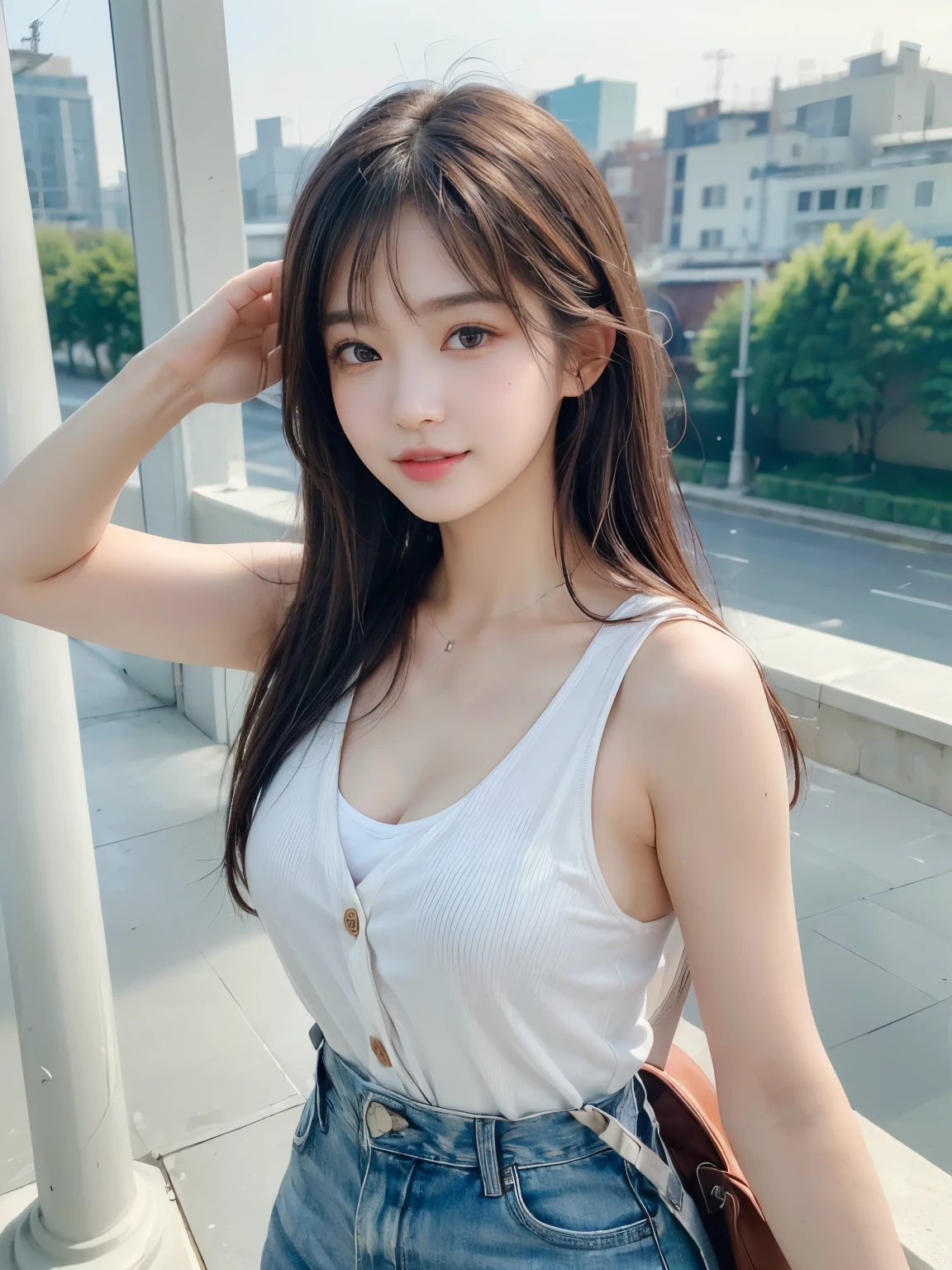 ((masterpiece: 1.3),8K, Realistic, RAW Photos, Highest quality: 1.4), (One Girl), beautiful顔, (Realistic Face), (Brown long hair: 1.3), bangs, Anatomically correct fingers、Anatomically correct hand、((Rooftop))、(((I put my backpack on my shoulder and leaned against the railing.、Tank top、Light cardigan、A loose cardigan、Show your shoulders))、Perfect dynamic composition,(High quality with attention to detail, Realistic depiction of eyes:1.3)、whole body、The whole is facing forward、21talent、beauty、Well-formed face、Bangedium Build、Balanced ratio、beautiful足、Fresh face、beautiful景色、beautifulヘアスタイル, (bangs), (smile), smile, Realistic eyes, Gloss, highlight, highlight in the Eyes, eyelash, 目の中のbeautifulディテール, (Realistic Skin), Shooting from the air、beautiful肌, Transparency、(beautiful)、 bust, smile, teeth, Confused, charm, 超High resolution, Ultra-realistic, High resolution, Golden Ratio, Clear eyes, Wet, Mole, Looking into the camera, ear, Shine, Long neck, double eyelid, Big eyes, cheek, kind character, charm personality, kind, Move, 圧倒的なcharm, bright personality