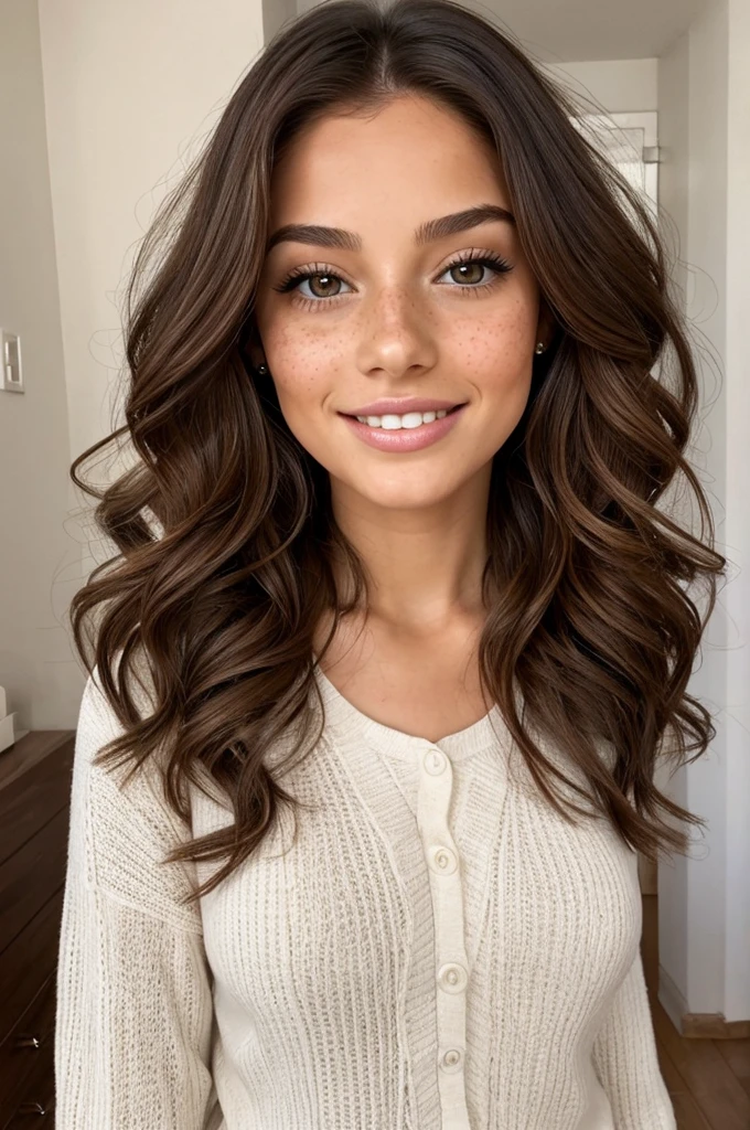 beautiful young woman, average quality Twenty-seven-year-old woman. Short stature and thin body, with curves in the right places. wide, color chocolate, curly. heart shaped face, small pretty nose with freckles, big hazel eyes and long, bushy eyelashes. Has separated incisor teeth, but that only increases the attractiveness of his kissable lips. full body image. Spanish. madrid.