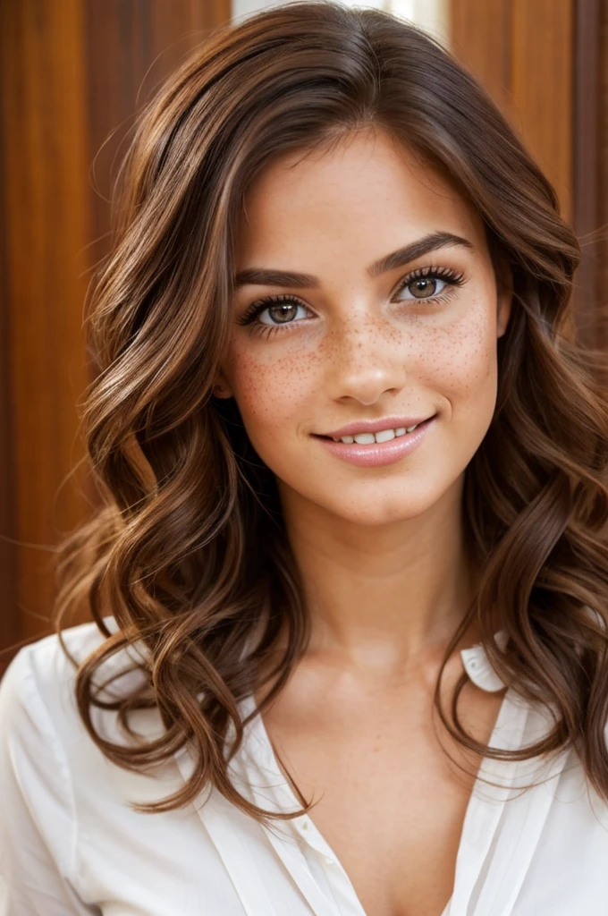 beautiful young woman, average quality Twenty-seven-year-old woman. Short stature and thin body, with curves in the right places. wide, color chocolate, curly. heart shaped face, small pretty nose with freckles, big hazel eyes and long, bushy eyelashes. Has separated incisor teeth, but that only increases the attractiveness of his kissable lips. full body image. Spanish. madrid.