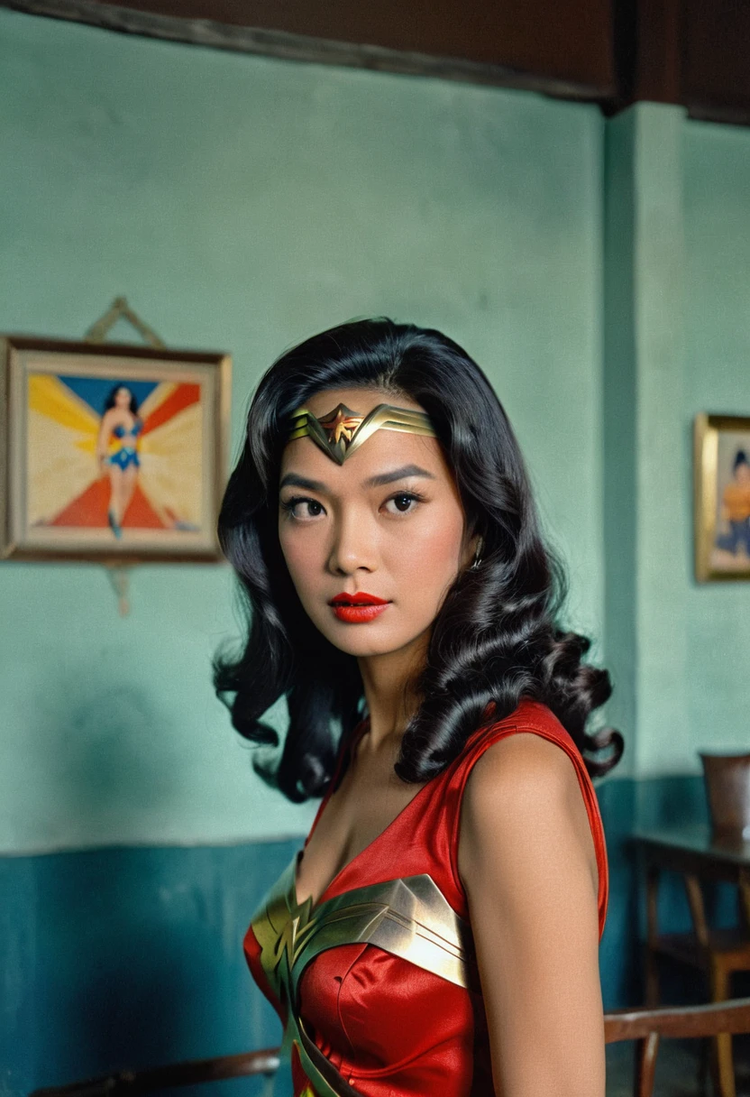 wonder woman thai people style 60s, hairstyle 60s, fashion style 60s, colour style 60s, background bankkok 1960, thai movie style, Old Classic Films, old picture, maximum details, dramatic shadow evocative analog film noise, half body portrait, cinematic, movie still, captured in the style 35 mm movie film