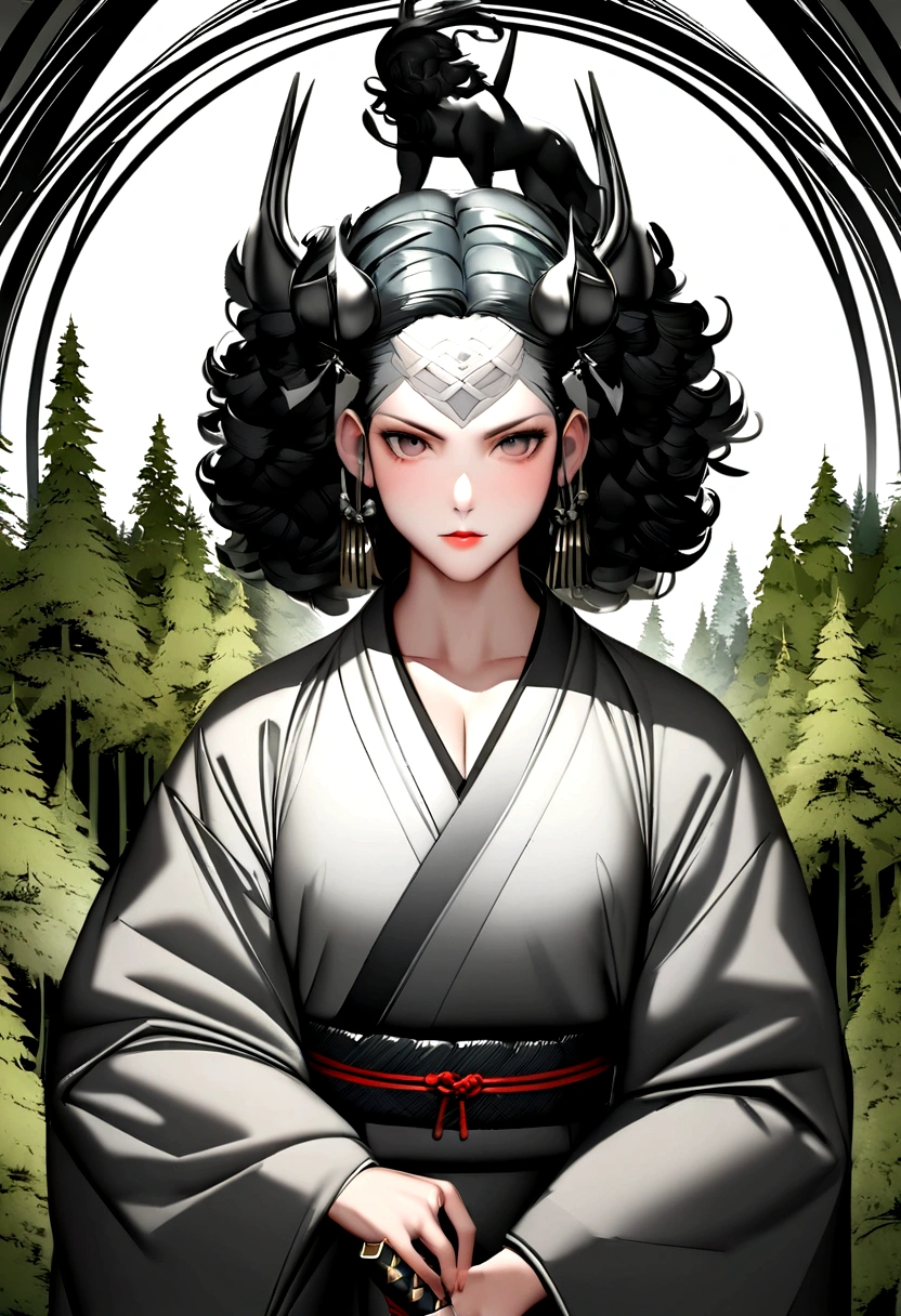Black and white illustration of a man wearing a male ancient Japanese rural kimono and brandishing a sword , In the cedar forest、Inspired by Yoshiko Okaue, 芸術的なDigital Art, スタイリッシュなDigital Art, Petra Cortright, Digital Art, Digital Art escura, But detailed, Sound influenced by Yoji Shinkawa.
