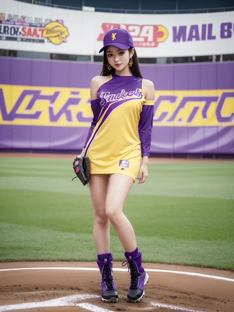 Beautiful woman wearing a purple yellow While standing wearing baseball style clothes mini dress with decorations on the shirt and visible shoulders and wearing boots and being photographed with a background And I'm in the middle of a baseball field ,Korean style swag, beautiful face so gorgeous, Beautiful eyes, y2k style,