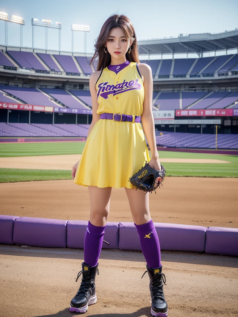 Beautiful woman wearing a purple yellow While standing wearing baseball style clothes mini dress with decorations on the shirt and visible shoulders and wearing boots and being photographed with a background And I'm in the middle of a baseball field ,Korean style swag, beautiful face so gorgeous, Beautiful eyes, y2k style,