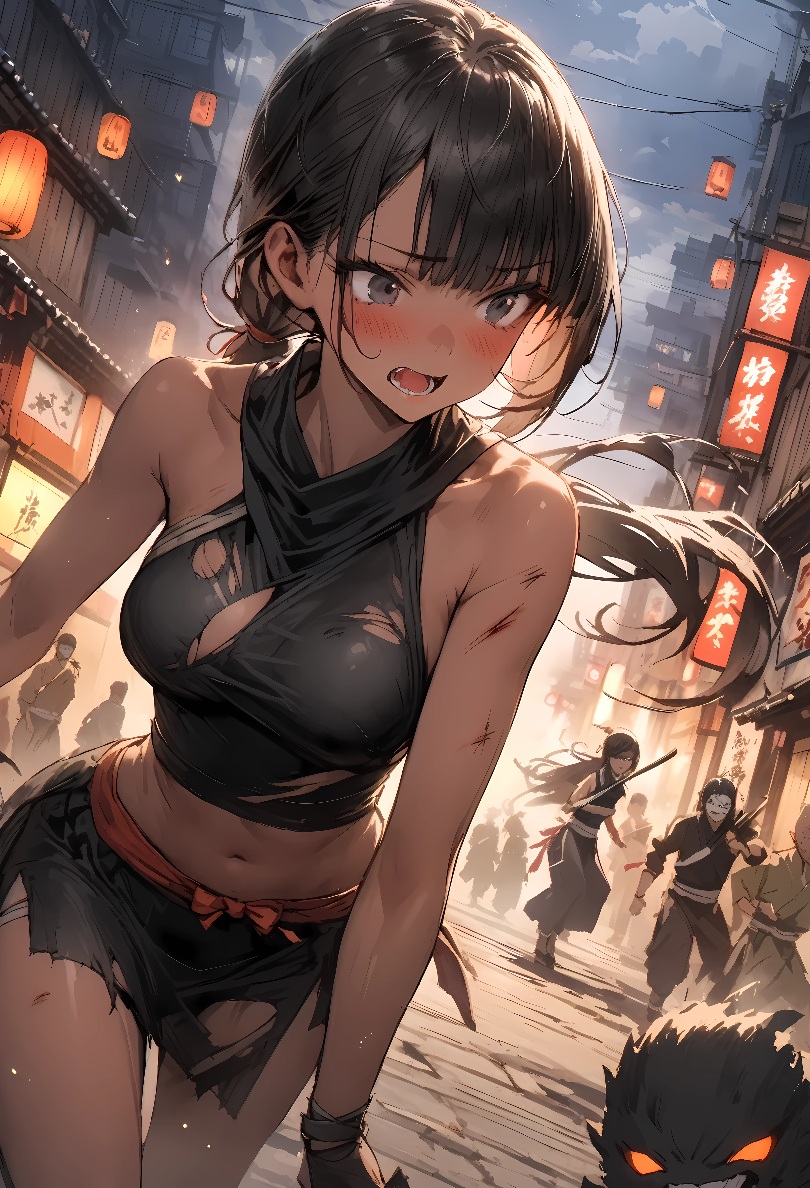 Action Scenes、(A female ninja who fights countless monsters),((masterpiece,Highest quality:1.3,best quality illustration)), solo,1woman,(Mature Japan beauties)、black hair,(low ponytail hair style),long hair,blunt bangs,black eyes,gorgeous eyes,((very small head:1.3)),blush,pain,((very long body:1.2)),medium breasts,(tan skin), (gleaming skin,toned body,slender body, skinny),(Torn black female ninja costume、Injury:1.5,No sleeve、Black mini skirt),Fighting spirit,Urban area,Collapsed Buildingoonlit Night、Modern Tokyo、