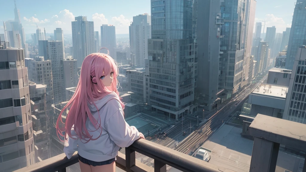 Absurd, Ultra-high resolution, (Official Art, beautifully、mysterious:1.2), Correct human body composition, Impressive eyes, light pink long hair, Larger than average bust, Girl listening to music with headphones, Looking out the window, Lo-fi Girl,  and oversized hoodie, Makoto Shinkai and Artgelm, Anime atmosphere, Lofi art style, Anime style 8k, Anime Aesthetics, Lo-fi feeling, Anime Art Wallpapers 8K, An atmosphere of praise, City girl&#39;s room, Rooms with large windows, Emotional cityscape, Bright Sky