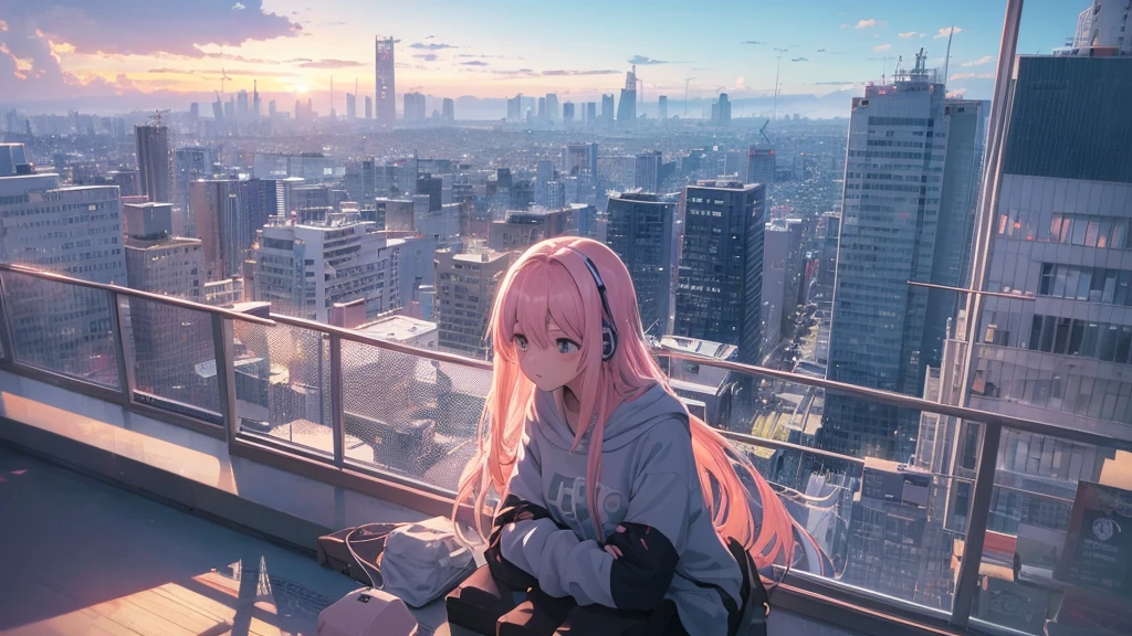 Absurd, Ultra-high resolution, (Official Art, beautifully、mysterious:1.2), Correct human body composition, Impressive eyes, light pink long hair, Larger than average bust, Girl listening to music with headphones, Looking out the window, Lo-fi Girl, and oversized hoodie, Makoto Shinkai and Artgelm, Anime atmosphere, Lofi art style, Anime style 8k, Anime Aesthetics, Lo-fi feeling, Anime Art Wallpapers 8K, An atmosphere of praise, City girl's room, Rooms with large windows, Emotional cityscape, Bright Sky