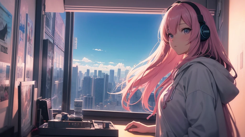 Absurd, Ultra-high resolution, (Official Art, beautifully、mysterious:1.2), Correct human body composition, Impressive eyes, light pink long hair, Larger than average bust, Girl listening to music with headphones, Looking out the window, Lo-fi Girl,  and oversized hoodie, Makoto Shinkai and Artgelm, Anime atmosphere, Lofi art style, Anime style 8k, Anime Aesthetics, Lo-fi feeling, Anime Art Wallpapers 8K, An atmosphere of praise, City girl&#39;s room, Rooms with large windows, Emotional cityscape, Bright Sky