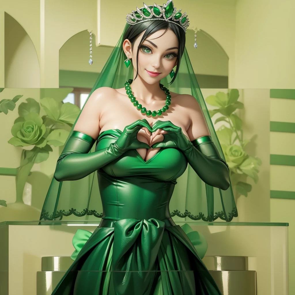 Emerald tiara, Green Pearl Necklace, Boyish, super short black hair, lipstick, Smiling Japanese woman, Very short hair, Big tits beautiful, Green Eyes, Long green satin gloves, Green Eyes, Emerald Earrings, Green Veil, Heart with both hands