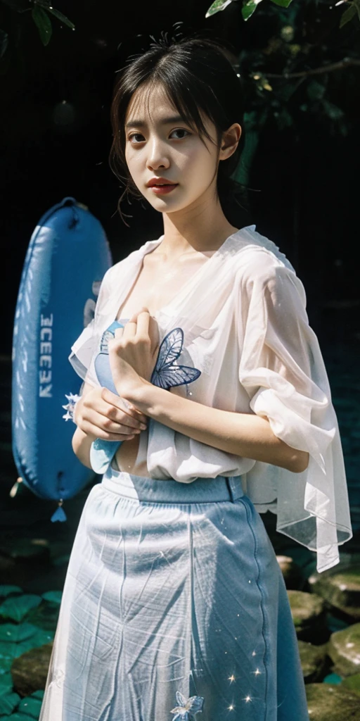 1 girl, transparent water, blue butterfly, pure white gauze skirt, sparkling