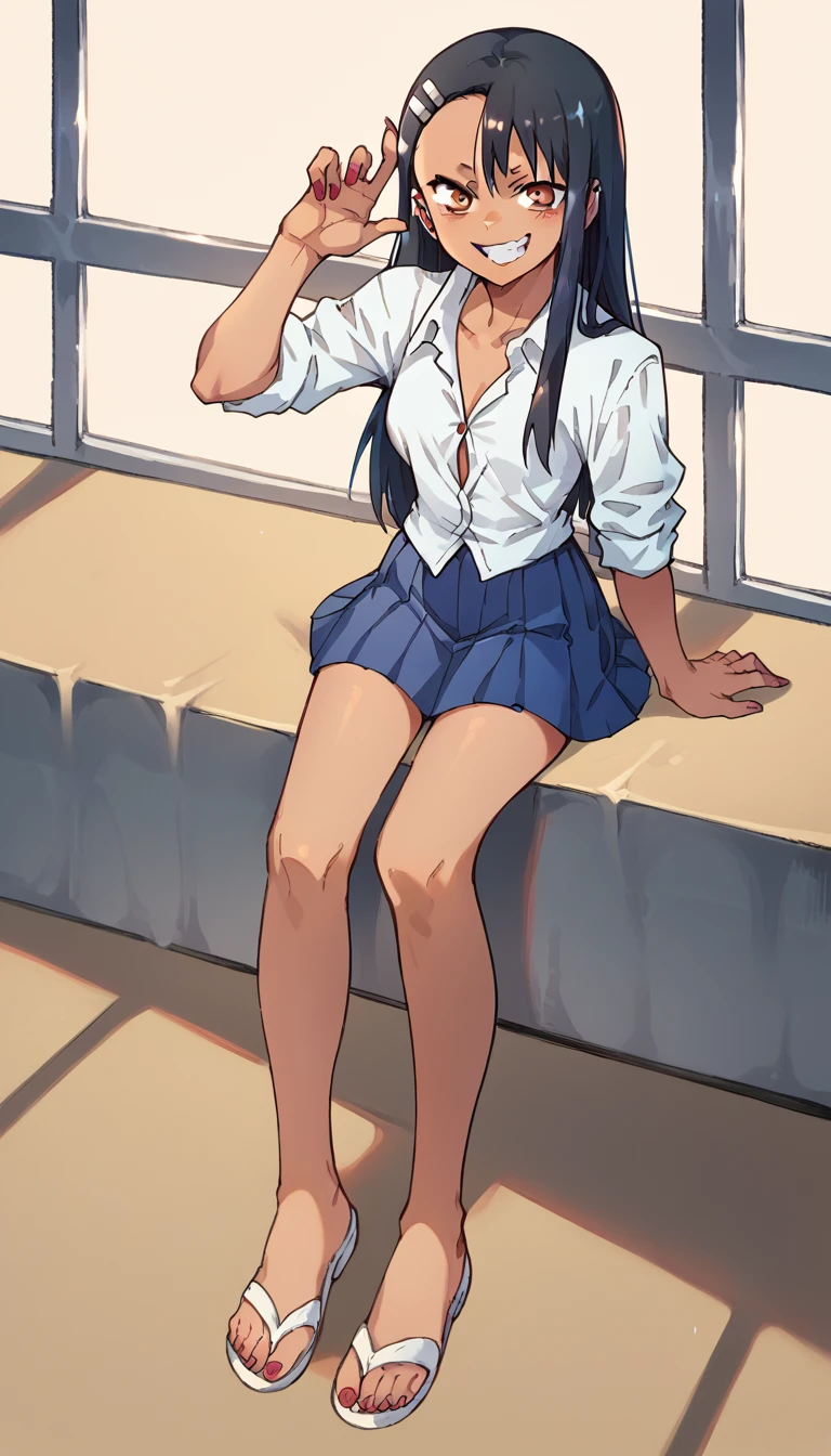 Hayase Nagatoro, White unbuttoned shirt, blue pleated skirt, white sandals, red nails 