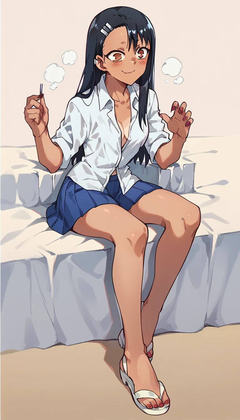 Hayase Nagatoro, White unbuttoned shirt, blue pleated skirt, white sandals, red nails 