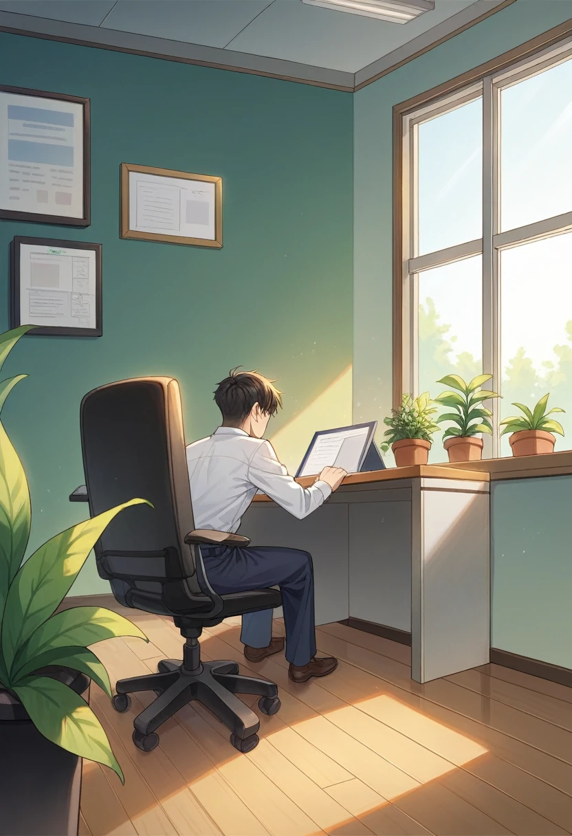 The cover of a new mobile game,Game art promotion,商业大厦的一个office的场景,Floor-to-ceiling large windows,Modern office facilities,UE Rendering,Green plants,office、office chair、Head-up,High precision,Bright and clear picture,Modern sense of technology
