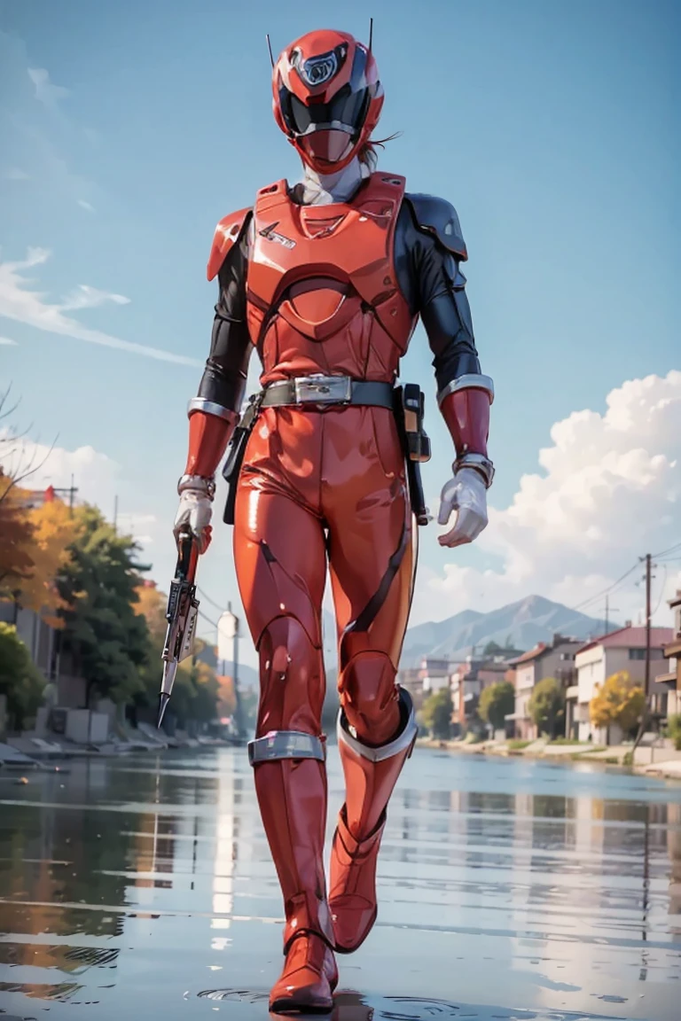The sunset flies with the lonely geese in the distance, and the autumn river water and the vast sky are connected, icons,1boy, white, full body, Illustration, cinematic light, high resolution, best quality, ultra detailed, masterpiece, power suit, powerranger, suit, spd, (silver royal guard ranger suit), gold detail