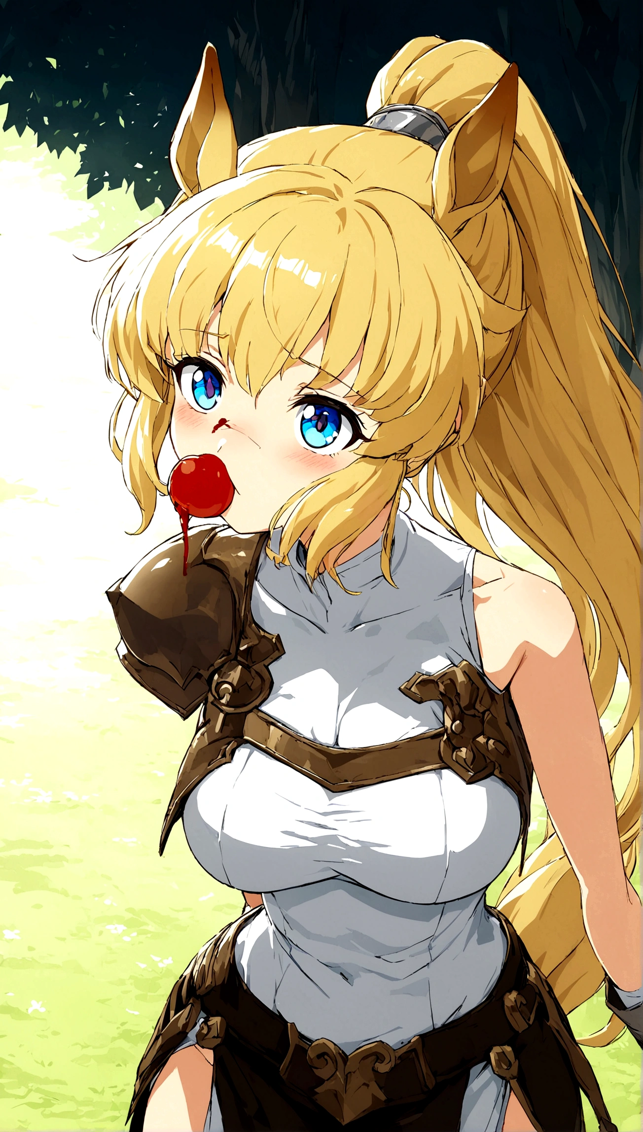 Anime. 1 girl. Cute girl. Half-human. Centaur. The girl is a horse. Blonde. Long hair. Hair ornament. Her hair is pulled back into a high ponytail. Blue eyes. Beautiful eyes. Perfect eyes. Expressive eyes. Ideal face. Face about to sneeze
Sneezing face. Beautiful nose. Inflamed - red nose. Snotty nose. A long snot hangs from the nose after a sneeze. 16 years. Big breasts. Beautiful breasts. Girl knight. Centaur knight. She is ill. She has a cold. She has allergies. She has a runny nose. Nasal mucus. She has snot. She wants to sneeze. She needs to sneeze. She has a strong, desperate urge to sneeze. She sneezes. She sneezes. Sprays of snot fly to the sides. Snot flows from her nose. She's on her period. Her crotch is bleeding. In the middle of the forest. Ideal anatomical body. The lower part of the body is equine. Horse slender legs. Hooves instead of feet. White linen blouse. Light plate armor - corset. Skirt. No panties. Standing. Full height. Beautiful character design. Shiny skin. Whole body. NFS. Official art. Extremely detailed CG Unity 8k wallpaper. Ideal lighting. Ultra high resolution 4K. Super detailed 8K. A high resolution.