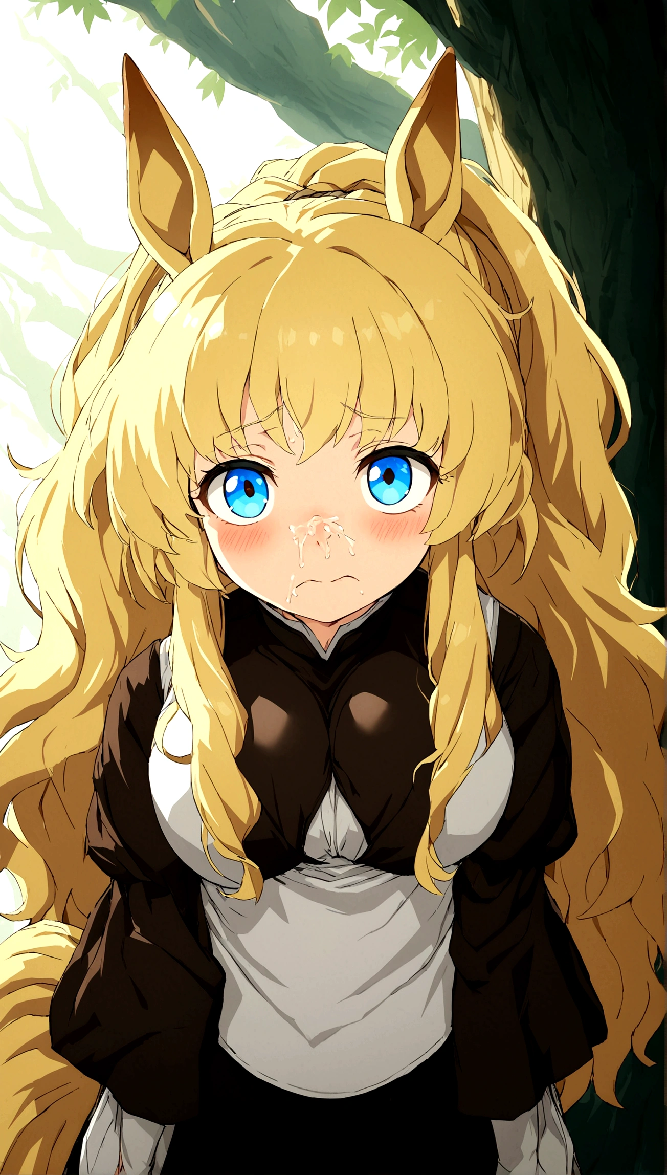 Anime. 1 girl. Cute girl. Half-human. Centaur. The girl is a horse. Blonde. Long hair. Hair ornament. Her hair is pulled back into a high ponytail. Blue eyes. Beautiful eyes. Perfect eyes. Expressive eyes. Ideal face. Face about to sneeze
Sneezing face. Beautiful nose. Inflamed - red nose. Snotty nose. A long snot hangs from the nose after a sneeze. 16 years. Big breasts. Beautiful breasts. Girl knight. Centaur knight. She is ill. She has a cold. She has allergies. She has a runny nose. Nasal mucus. She has snot. She wants to sneeze. She needs to sneeze. She has a strong, desperate urge to sneeze. She sneezes. She sneezes. Sprays of snot fly to the sides. Snot flows from her nose. She's on her period. Her crotch is bleeding. In the middle of the forest. Ideal anatomical body. The lower part of the body is equine. Horse slender legs. Hooves instead of feet. White linen blouse. Light plate armor - corset. Skirt. No panties. Standing. Full height. Beautiful character design. Shiny skin. Whole body. NFS. Official art. Extremely detailed CG Unity 8k wallpaper. Ideal lighting. Ultra high resolution 4K. Super detailed 8K. A high resolution.