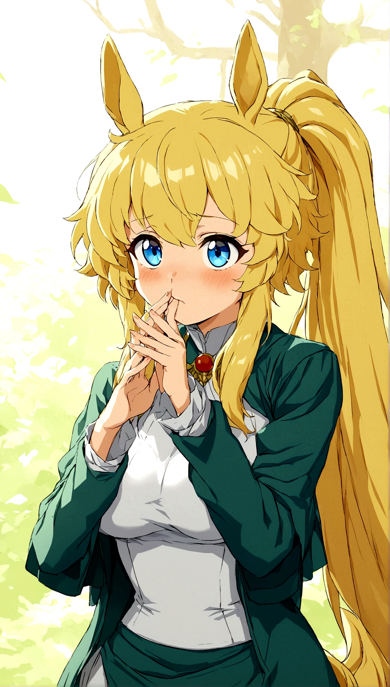 Anime. 1 girl. Cute girl. Half-human. Centaur. The girl is a horse. Blonde. Long hair. Hair ornament. Her hair is pulled back into a high ponytail. Blue eyes. Beautiful eyes. Perfect eyes. Expressive eyes. Ideal face. Face about to sneeze
Sneezing face. Beautiful nose. Inflamed - red nose. Snotty nose. A long snot hangs from the nose after a sneeze. 16 years. Big breasts. Beautiful breasts. Girl knight. Centaur knight. She is ill. She has a cold. She has allergies. She has a runny nose. Nasal mucus. She has snot. She wants to sneeze. She needs to sneeze. She has a strong, desperate urge to sneeze. She sneezes. She sneezes. Sprays of snot fly to the sides. Snot flows from her nose. She's on her period. Her crotch is bleeding. In the middle of the forest. Ideal anatomical body. The lower part of the body is equine. Horse slender legs. Hooves instead of feet. White linen blouse. Light plate armor - corset. Skirt. No panties. Standing. Full height. Beautiful character design. Shiny skin. Whole body. NFS. Official art. Extremely detailed CG Unity 8k wallpaper. Ideal lighting. Ultra high resolution 4K. Super detailed 8K. A high resolution.