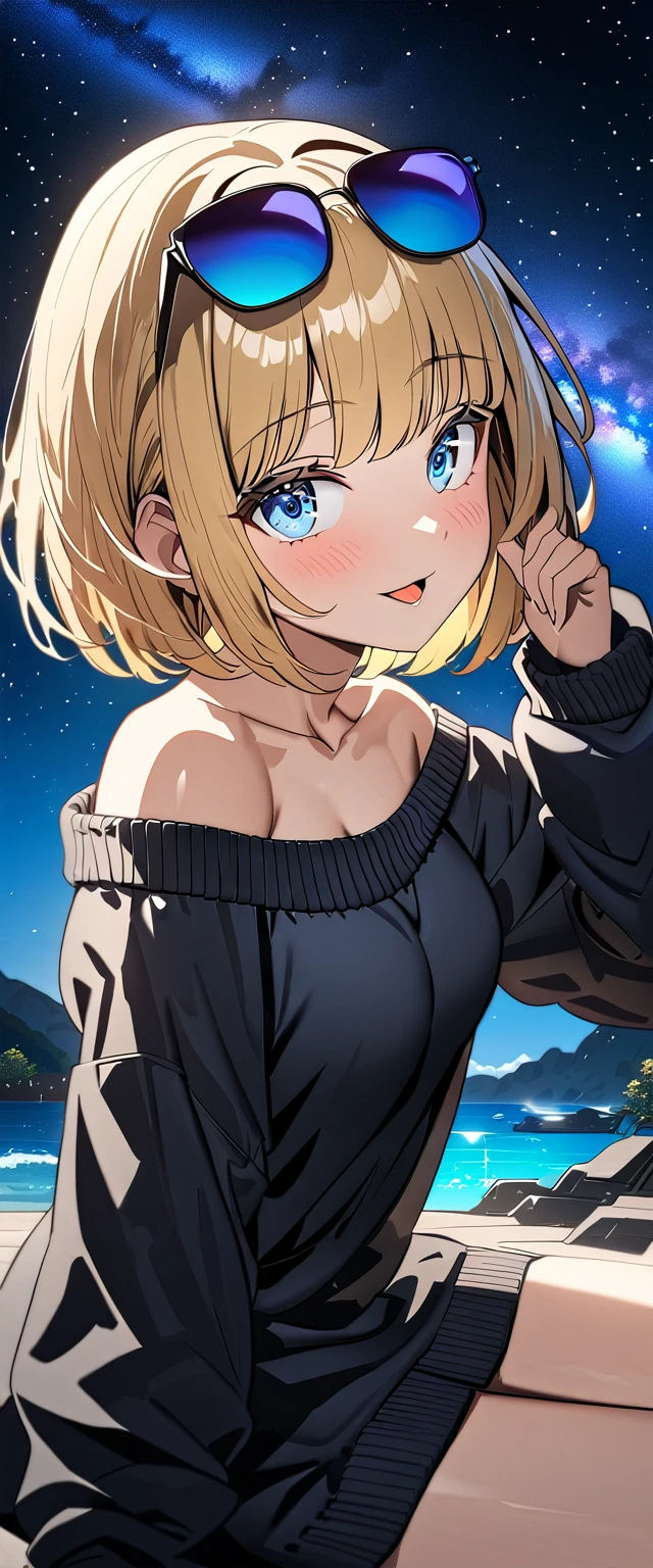 ((ahegao)), ((off-shoulder sweater:1.3, Quite thick shoulder straps)), ((black sweater)), ((blond hair, bob cut:1.3)), ((sunglasses, hand to sunglasses)), (((from side))), ((((upper body)))), bare legs, ((Leaning to side)), (((a beautiful starry sky, the Milky Way shining beautifully in the night))), ((sitting on the very high cliff)), wavy hair, inward curled hair, ((sea, nature)), breasts, teenager, (looking at viewer), oversized clothes, puffy long sleeves, collarbone, head tilt:1.3, (((blue eyes))), happy smile, (((anime style))), (best quality, 4K, 8K, highres, masterpiece:1.2, ultra-detailed, ultra-detailed eyes, HDR, uhd, studio lighting, ultra-fine painting, sharp focus, physically-based rendering, extreme detail description, professional, vivid colors, bokeh)
