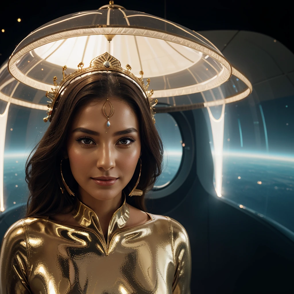 Woman in an elegant headdress, resembling a crown.
full height, with smooth and feminine shapes.
A face with a mysterious smile, glowing lines on the skin.
Translucent suit with metallic inserts, form-fitting and flattering.
Background: space landscape or the inside of a spaceship.
 confident look.