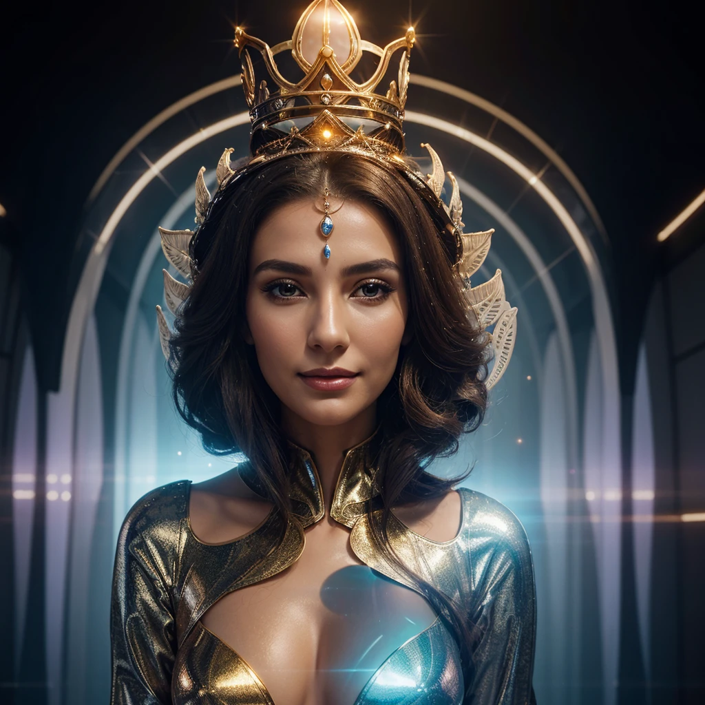 Woman in an elegant headdress, resembling a crown.
full height, with smooth and feminine shapes.
A face with a mysterious smile, glowing lines on the skin.
Translucent suit with metallic inserts, form-fitting and flattering.
Background: space landscape or the inside of a spaceship.
confident look.